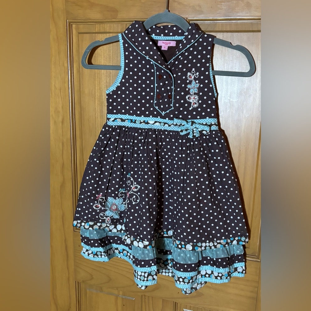 BEETLEJUICE LONDON Girls Brown White Polka Dot Dress Sz 6 Floral Appliqué Ruffle